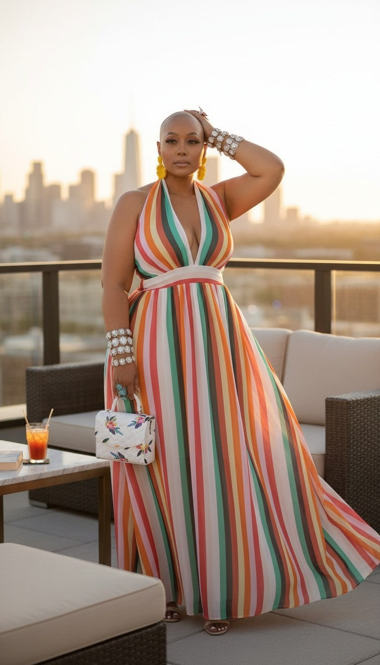 Colorful Stripes Halter Maxi Dress