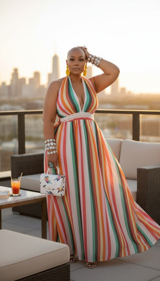 Colorful Stripes Halter Maxi Dress